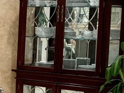 Elegant Arched Top Curio Cabinet China Display Cabinet with Glass Doors & Shelves