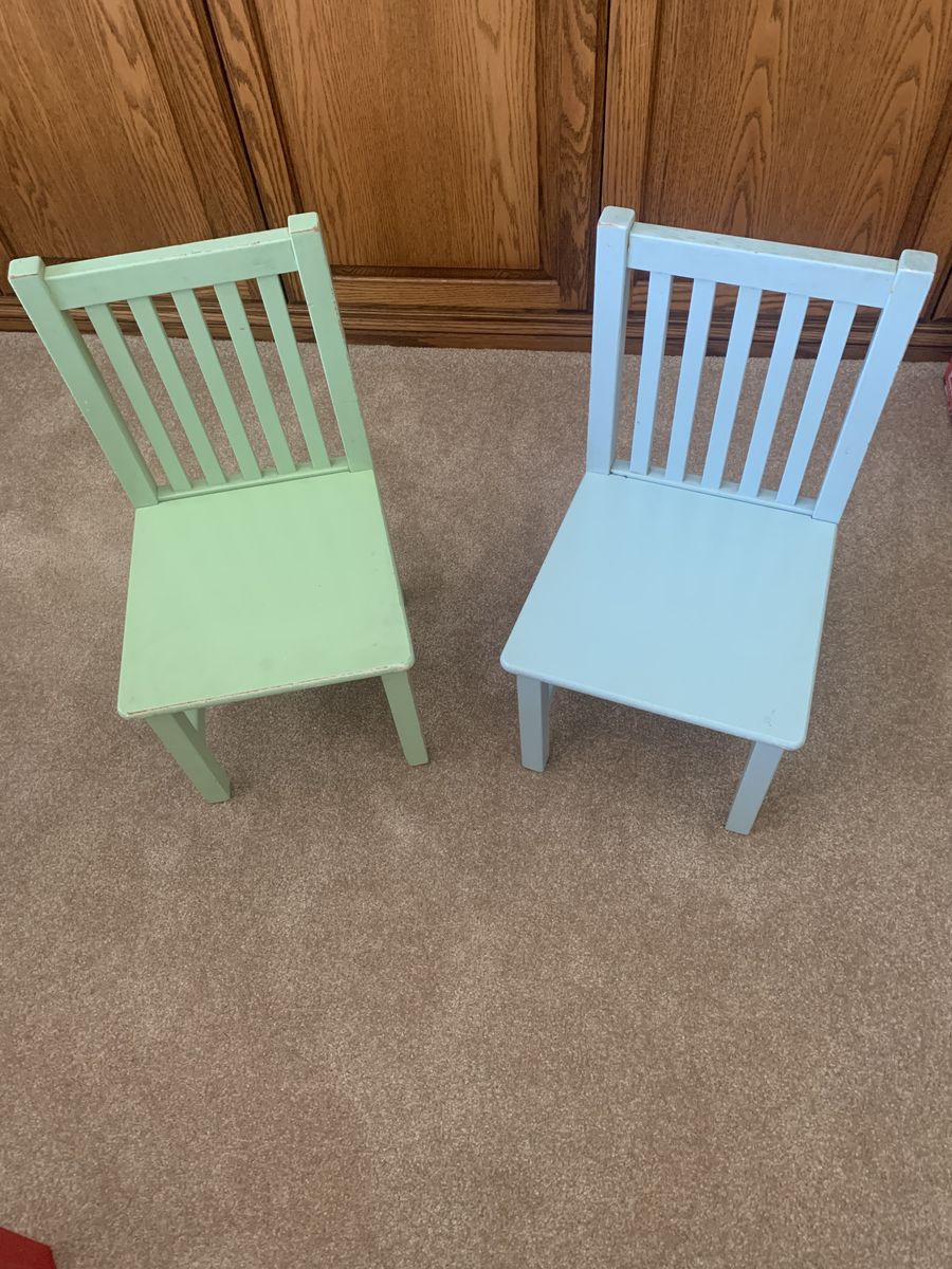 Pair of Light Green & Blue Wood Child-Sized Chairs, used