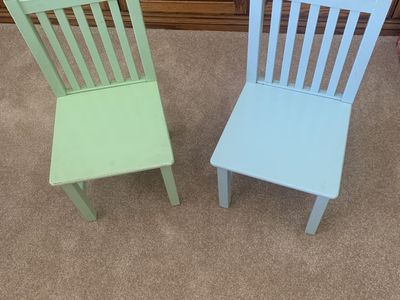 Pair of Light Green & Blue Wood Child-Sized Chairs, used
