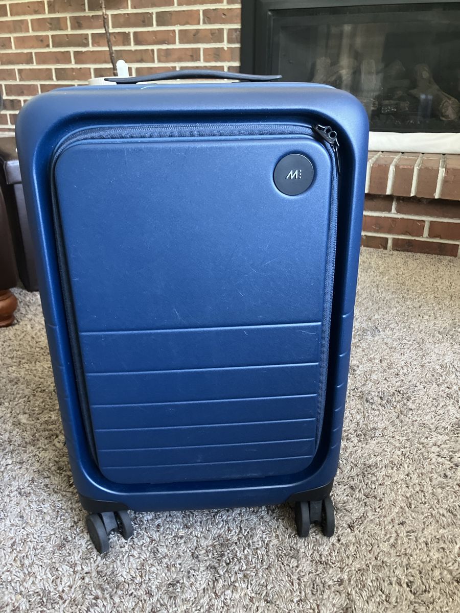 Monos Carry-On Pro Plus Luggage Blue AMWINS Hard Shell Front Pocket Suitcase