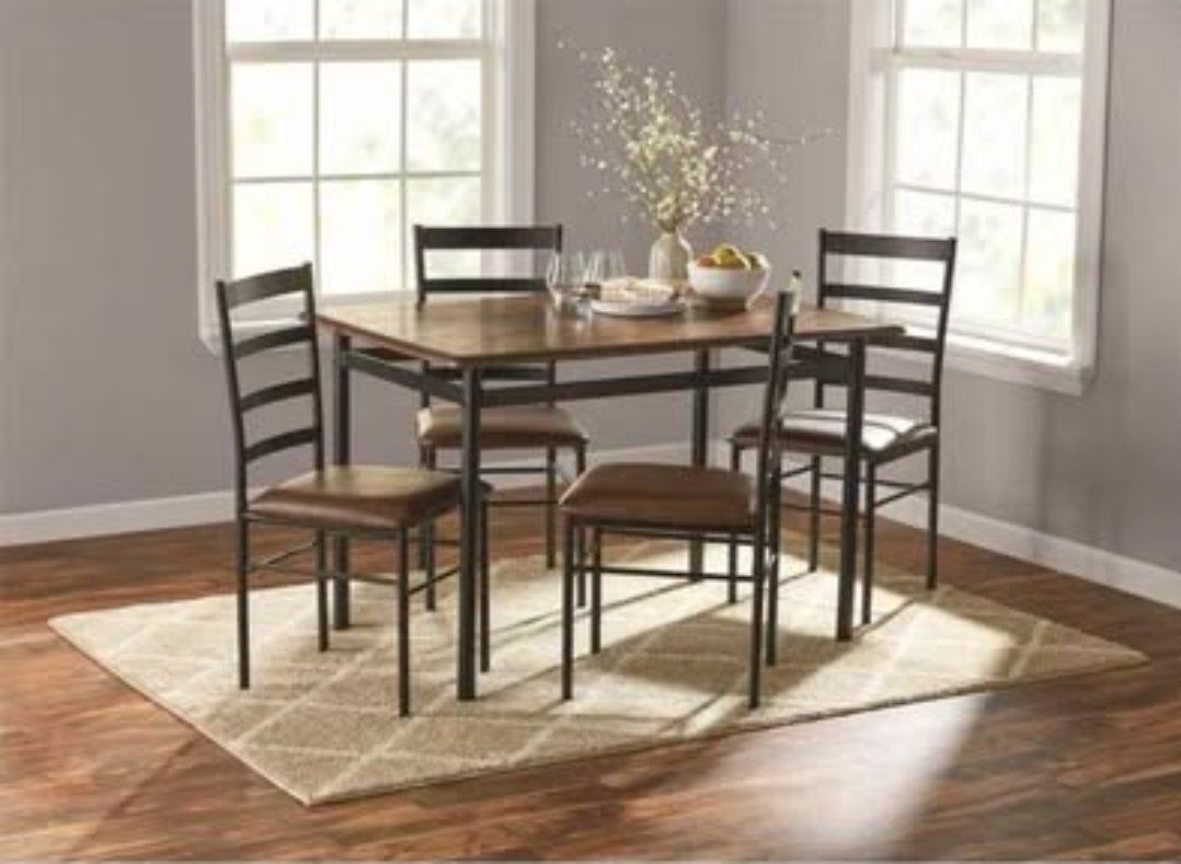 5-Piece Wood & Metal Dining Room Set, Walnut & Black