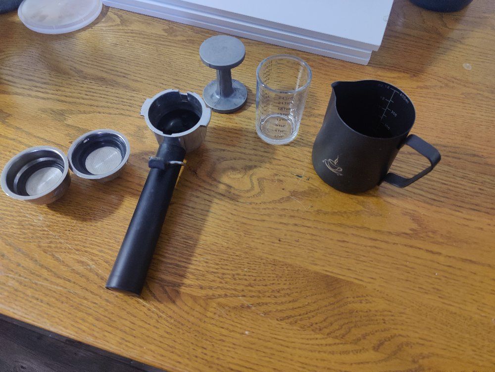 Espresso Machine Portafilter & Tamper with Measuring Cup & Frothing Pitcher
