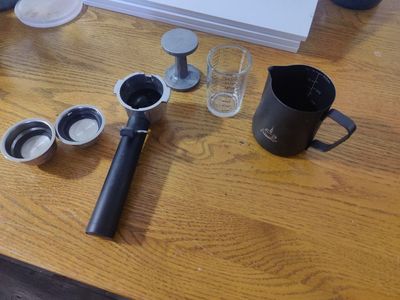 Espresso Machine Portafilter & Tamper with Measuring Cup & Frothing Pitcher