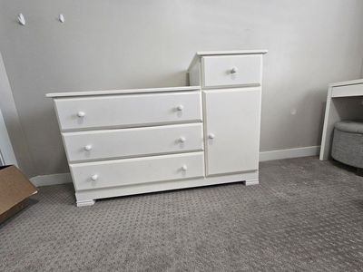 White Wood Baby Dresser Changer Combo with Drawers and Cabinet Storage