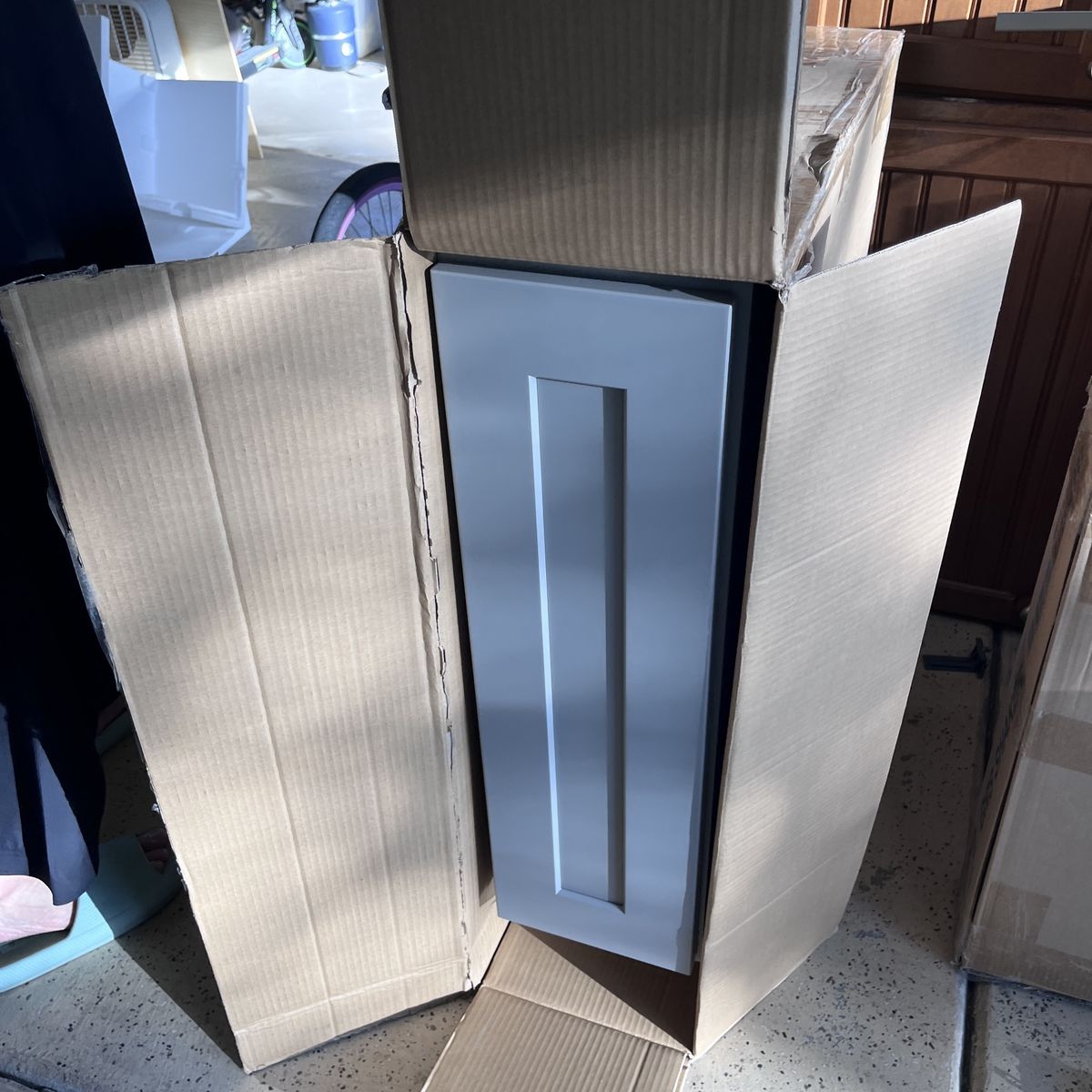 New Unassembled Light Gray Shaker Kitchen Cabinet with Drawer, 35" Tall x 24" Wide x 10" Deep