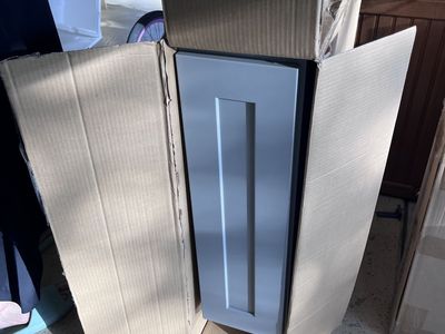 New Unassembled Light Gray Shaker Kitchen Cabinet with Drawer, 35" Tall x 24" Wide x 10" Deep