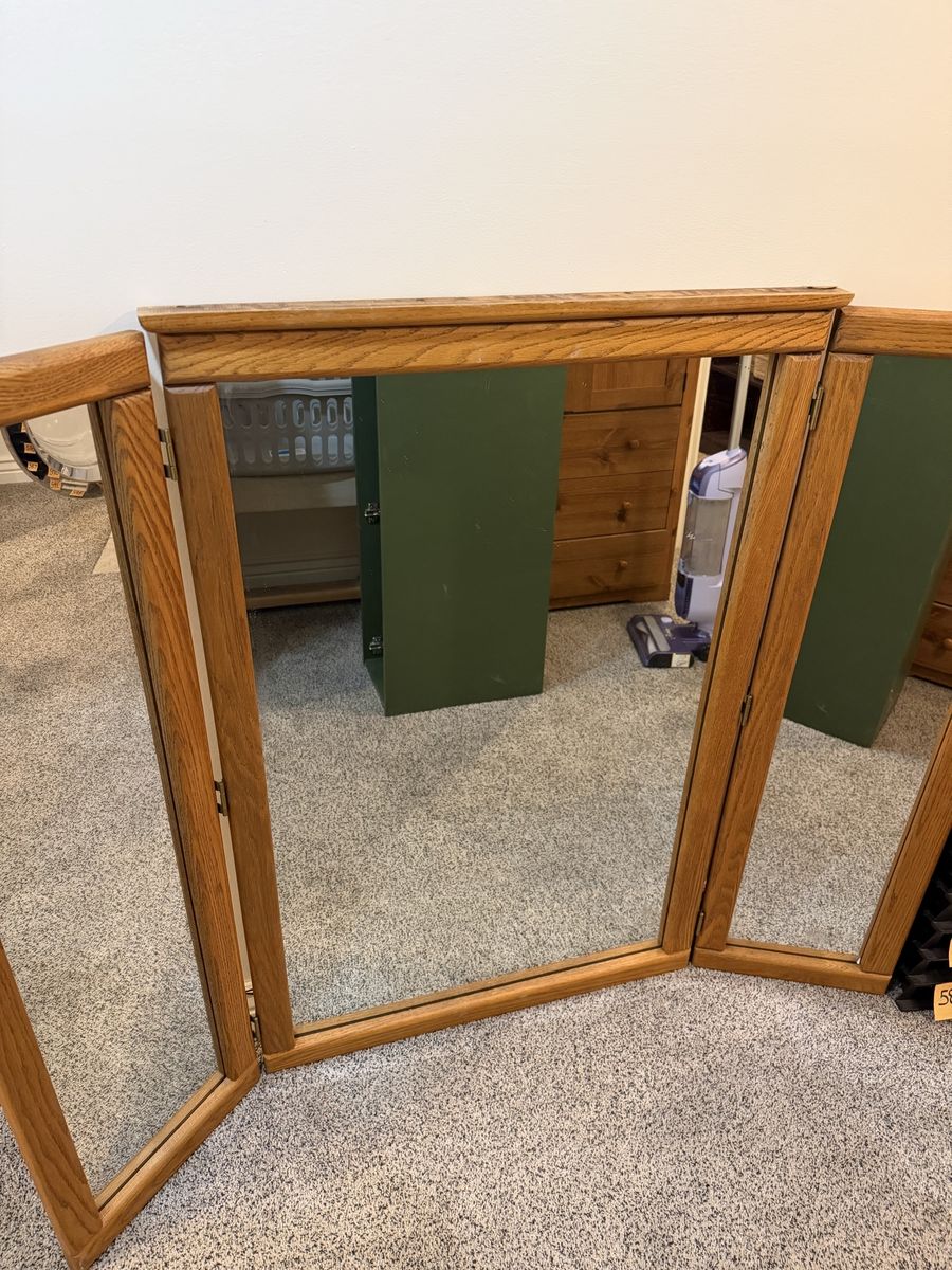 Oak Tri-Fold Vanity Mirror