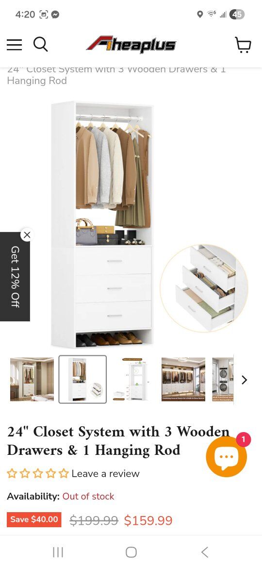 Closet system with 3 drawers and 1 rod