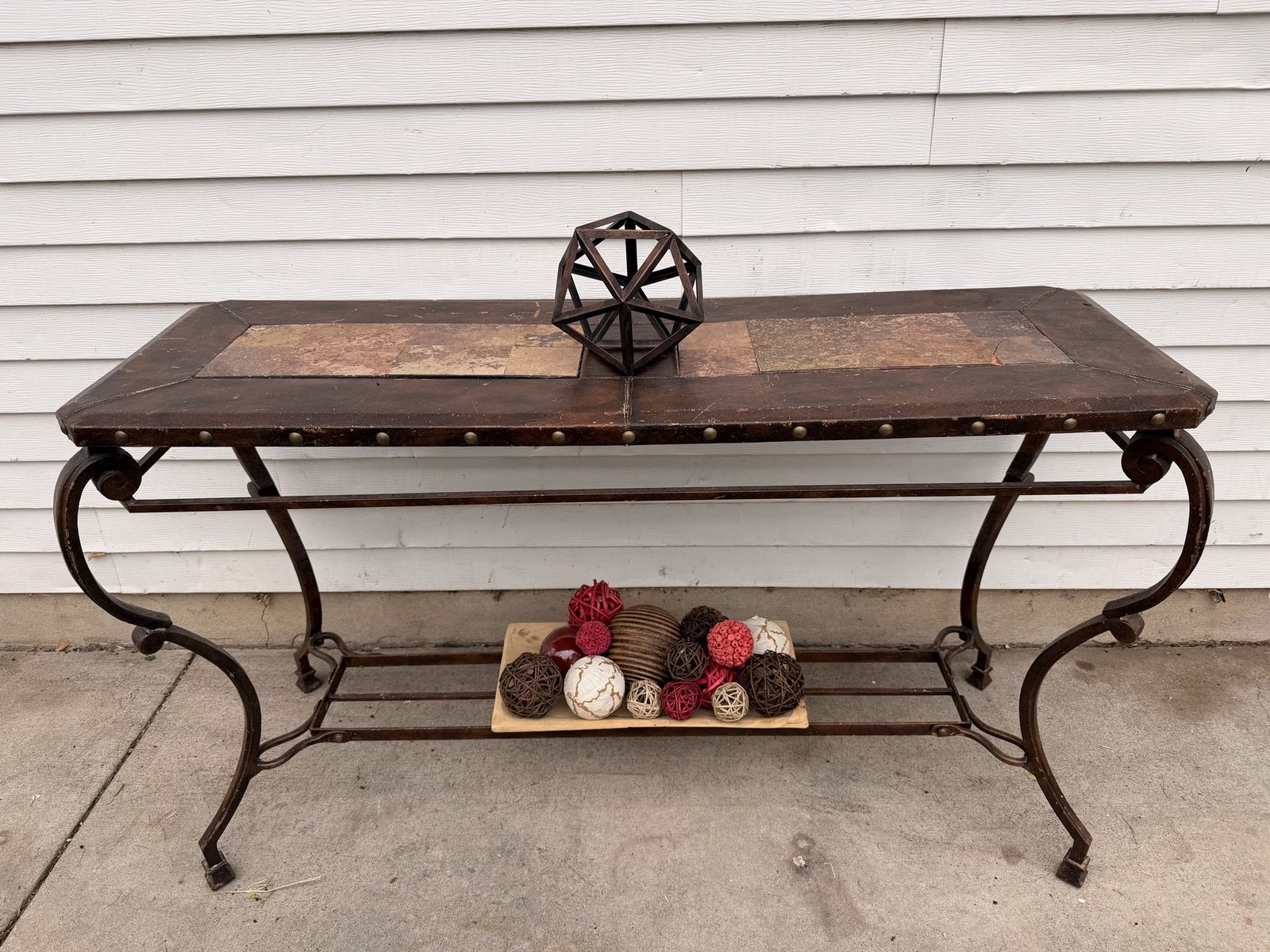 Wrought Iron & Tile Console Table - Entryway Accent Table with Lower Shelf, Decorative