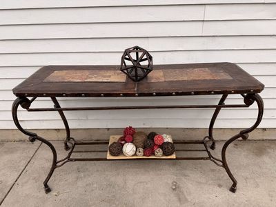 Wrought Iron & Tile Console Table - Entryway Accent Table with Lower Shelf, Decorative
