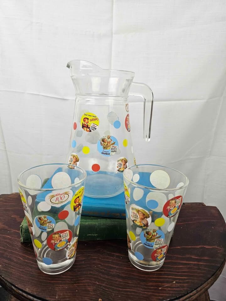 Kellogg’s 100-Year Anniversary Glass Pitcher Set – Vintage Retro Set of 3