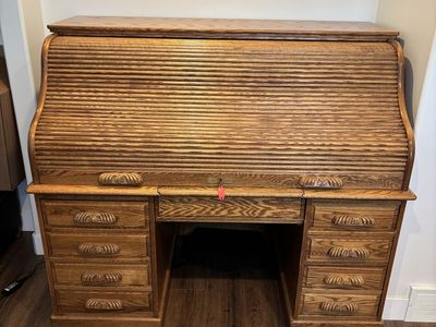 Vintage Roll Top Desk with Drawers and Organizers - Classic Wood Office Furniture