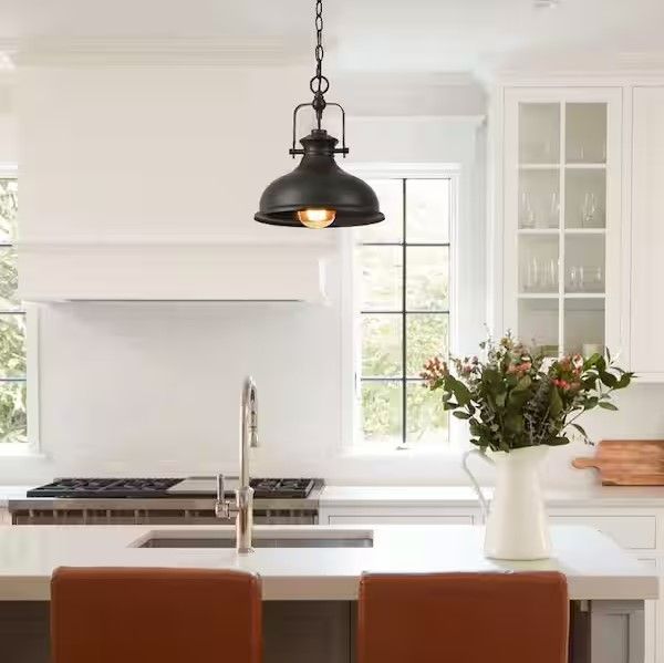 Matte Black Industrial Dome Pendant Light with Metal Shade, Kitchen Island
