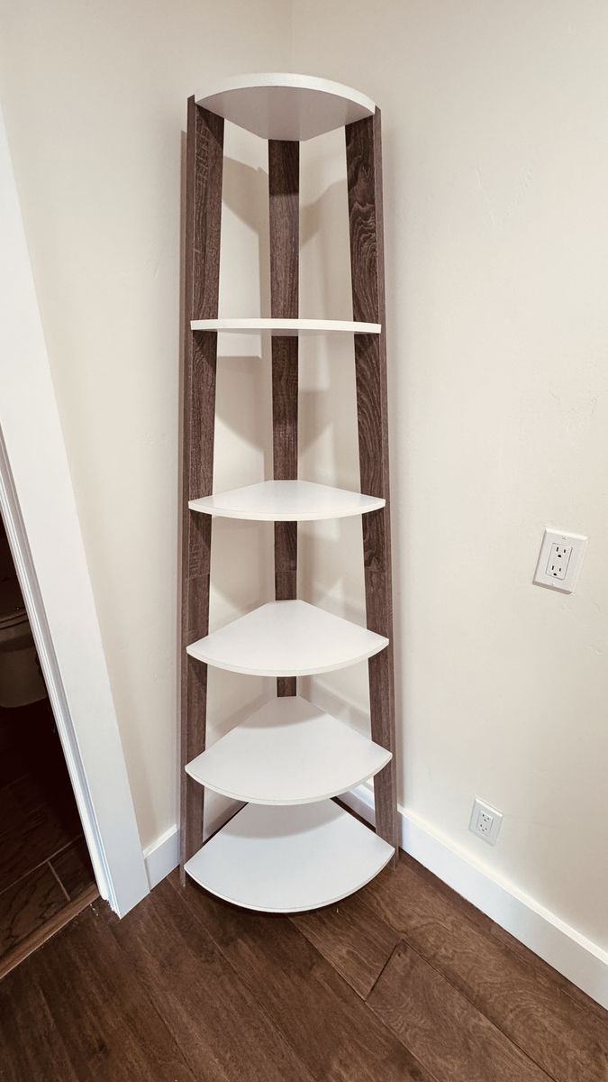 Tall Corner Shelf / Display Stand – White & Wood Finish