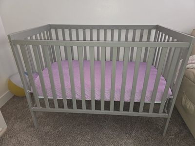 Baby Crib - Gray Wooden Slatted Design with Adjustable Mattress Height