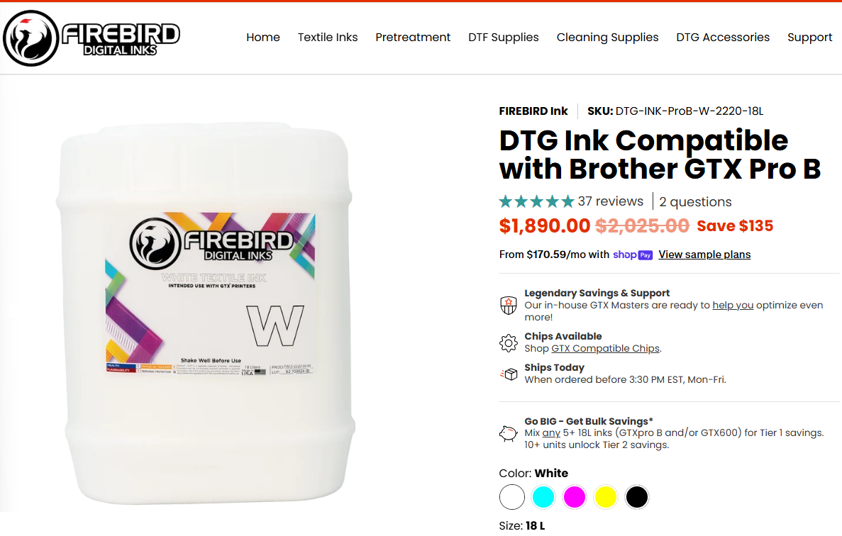 New FIREBIRD Digital Ink - 18L White Textile DTG Ink Compatible with Brother GTX Pro B