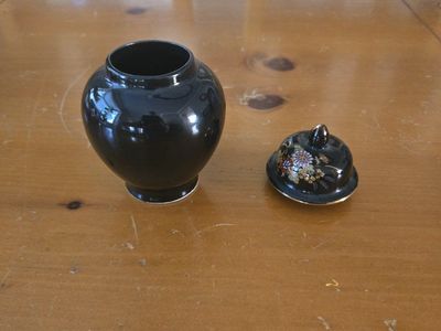Vintage Japanese black porcelain lidded ginger jar / tea caddy