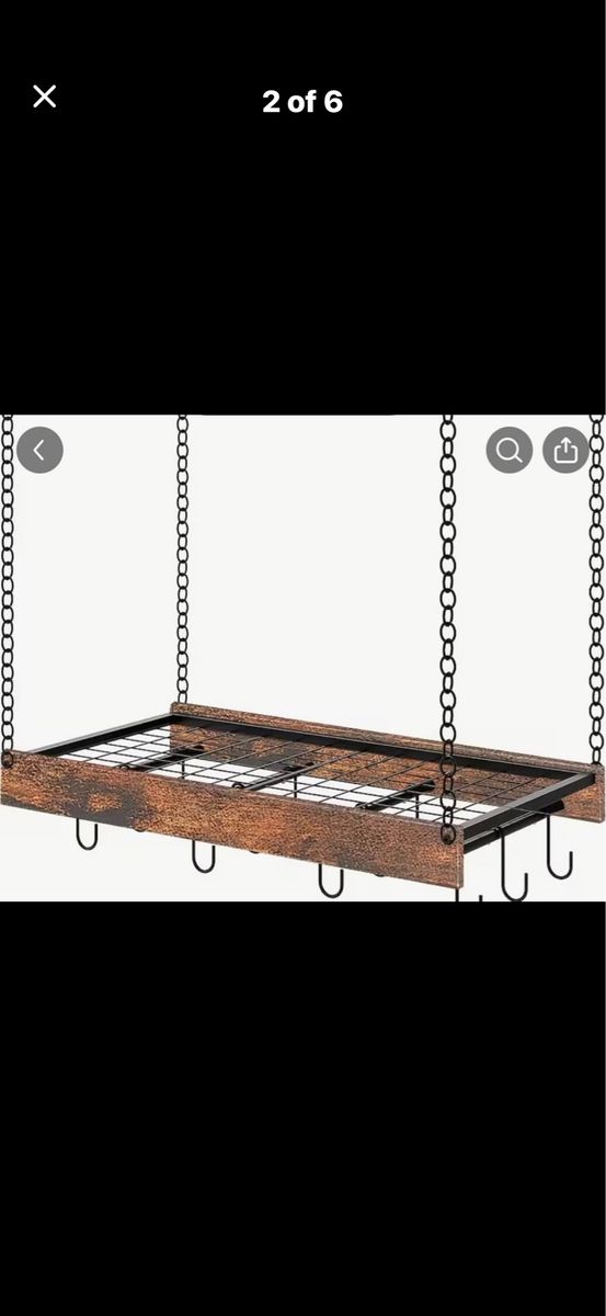 Hanging Pot Pan Rack Rustic Wood & Steel 24" Kitchen Storage Organizer with Hooks & Chains