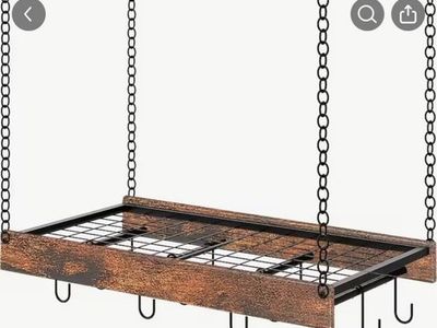 Hanging Pot Pan Rack Rustic Wood & Steel 24" Kitchen Storage Organizer with Hooks & Chains