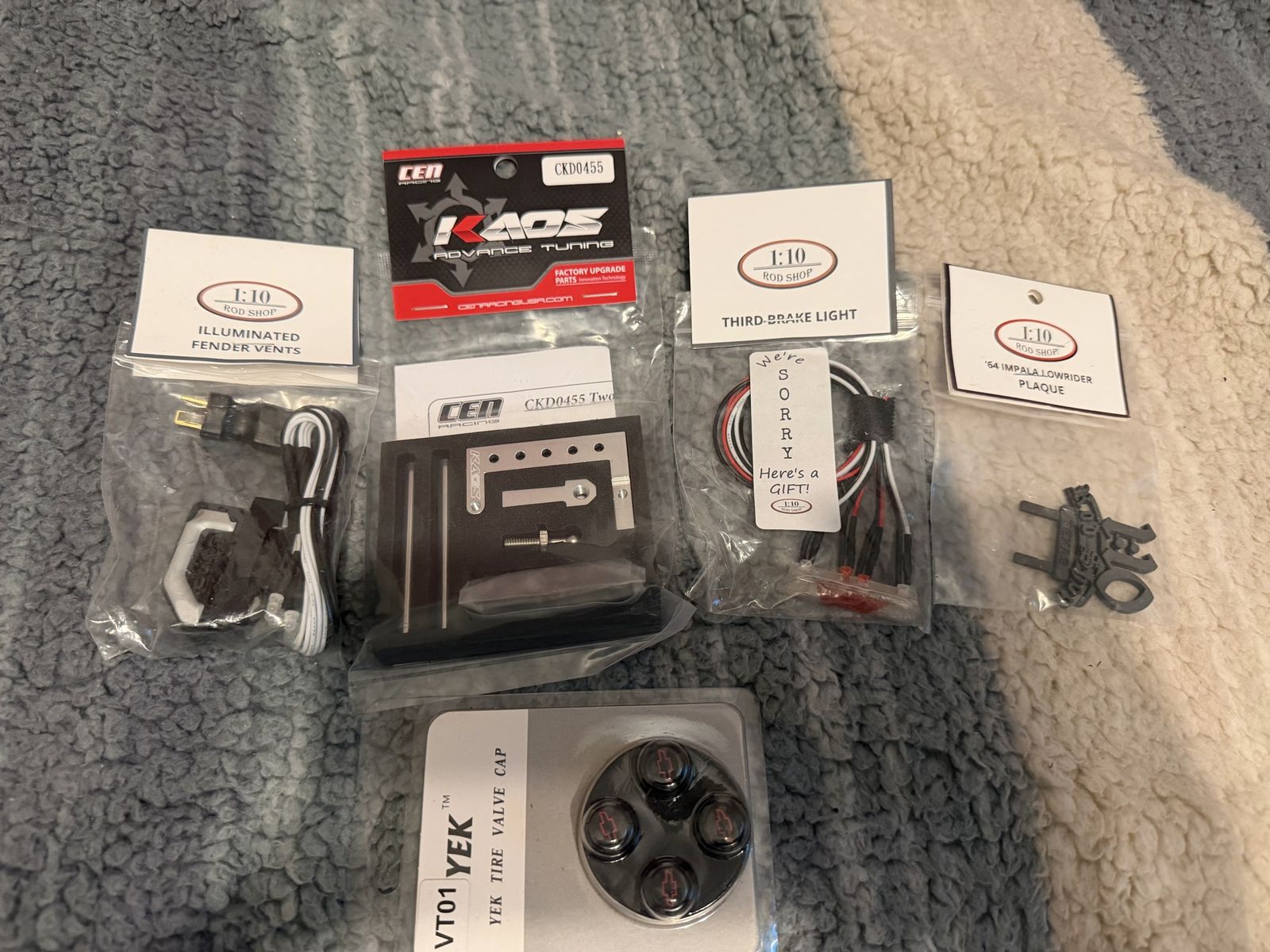 CEN Racing KAOS & 1:10 Rod Shop RC Car Parts Lot: Illuminated Vents, 3rd Brake Light, Lowrider Plaque $$50