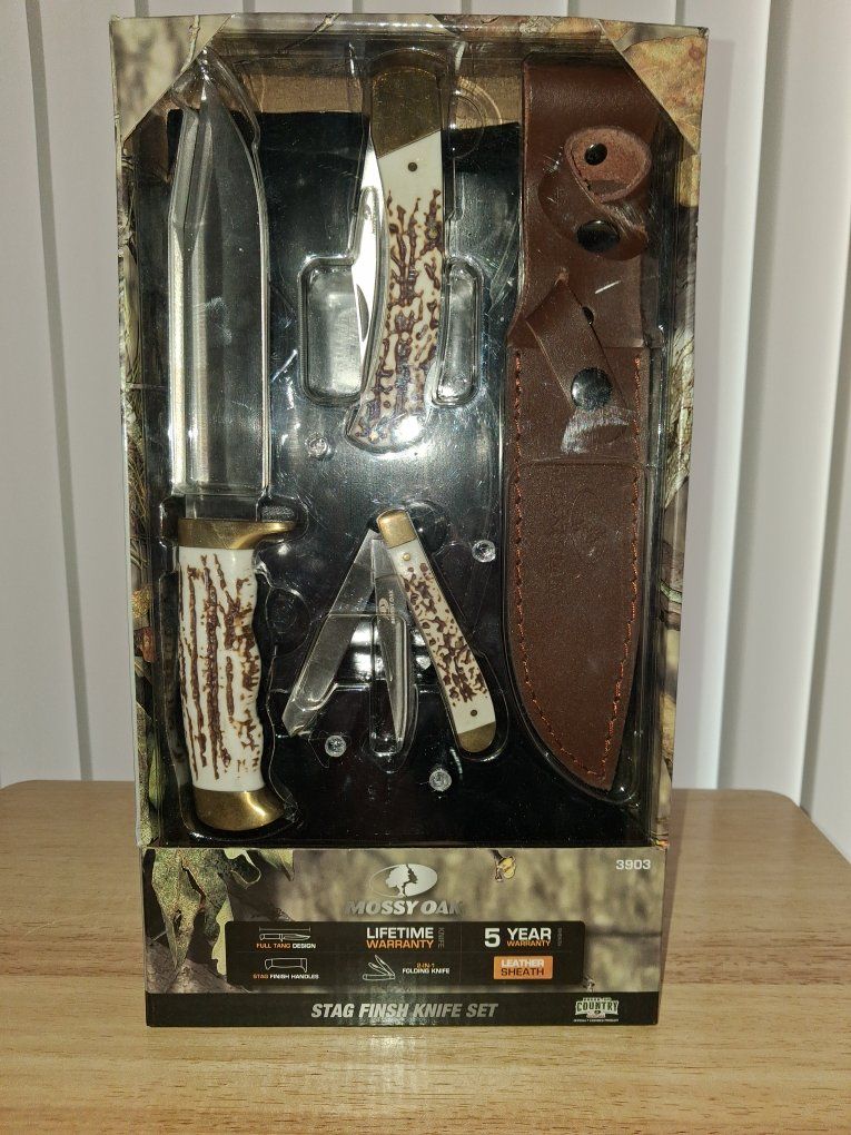 Mossy Oak Stag Finish Knife Set - Fixed Blade, Folding Knives & Leather Sheath