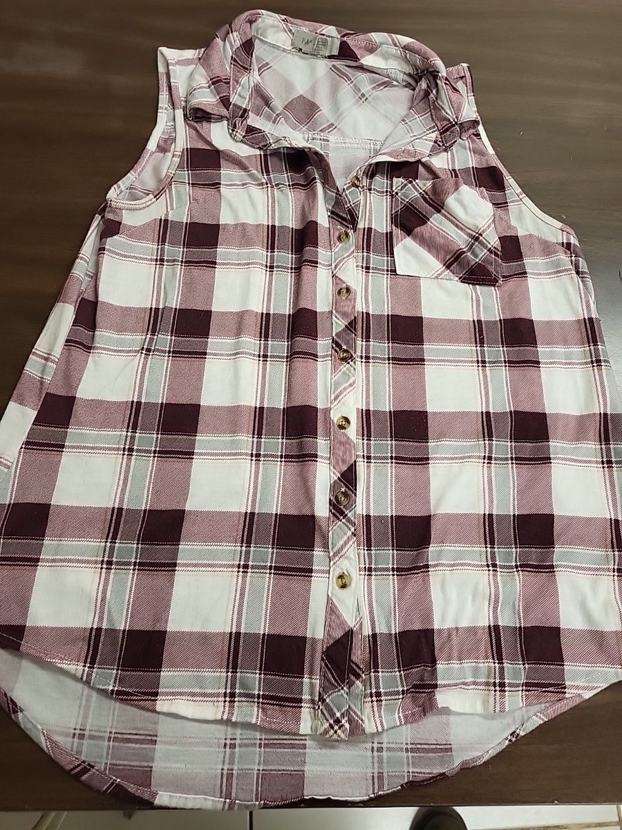 Passport Women's Sleeveless Plaid Button-Up Top - Maroon, White & Gray, Size L, 100% Polyester