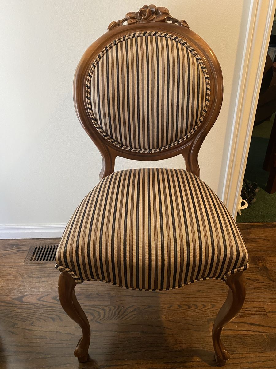 Vintage French Provincial Accent Chair - Brown/Beige Striped Upholstery, Carved Wood Frame