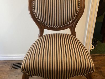 Vintage French Provincial Accent Chair - Brown/Beige Striped Upholstery, Carved Wood Frame