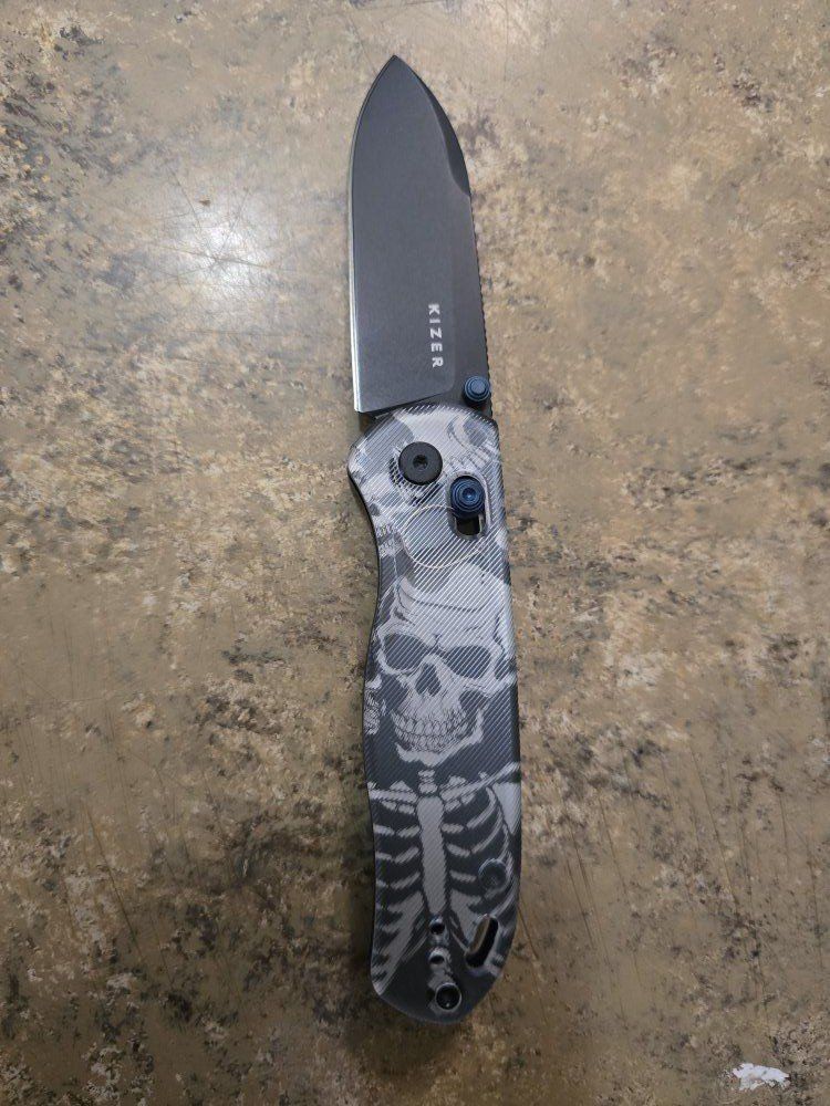 Kizer Azo Drop Bear Folding Knife - Skeleton Pattern, Black Blade, Blue Accents