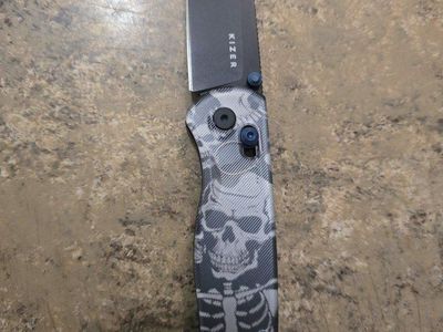 Kizer Azo Drop Bear Folding Knife - Skeleton Pattern, Black Blade, Blue Accents