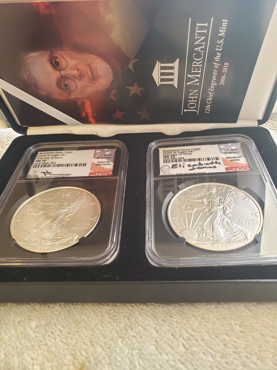 2020-W Burnished Silver Eagle 2-Coin Set NGC MS70 Mercanti & Jones Signed FDI