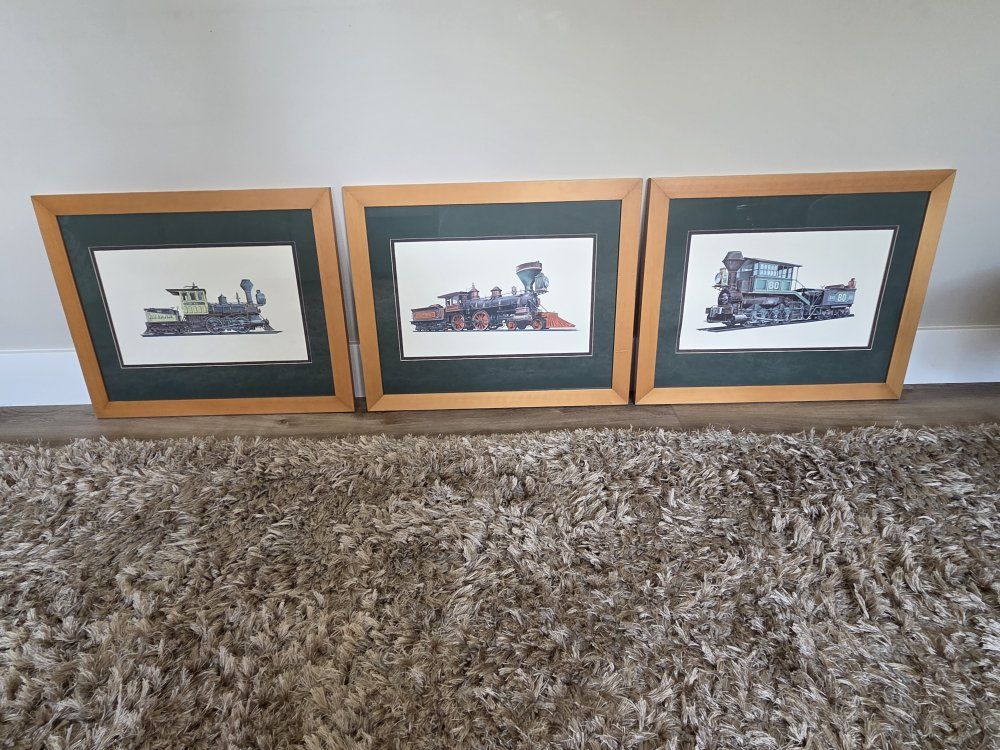 Vintage Framed Train Engine Prints - Set of 3, Wood Frames, Green Matting, Railroad Art