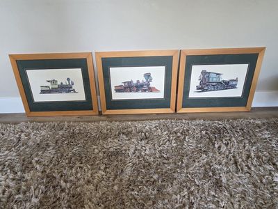 Vintage Framed Train Engine Prints - Set of 3, Wood Frames, Green Matting, Railroad Art