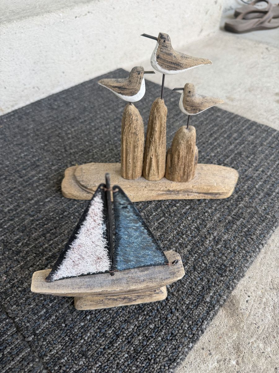 Rustic Coastal Beach Decor Set - Wooden Seagulls on Driftwood & Sailboat Statues