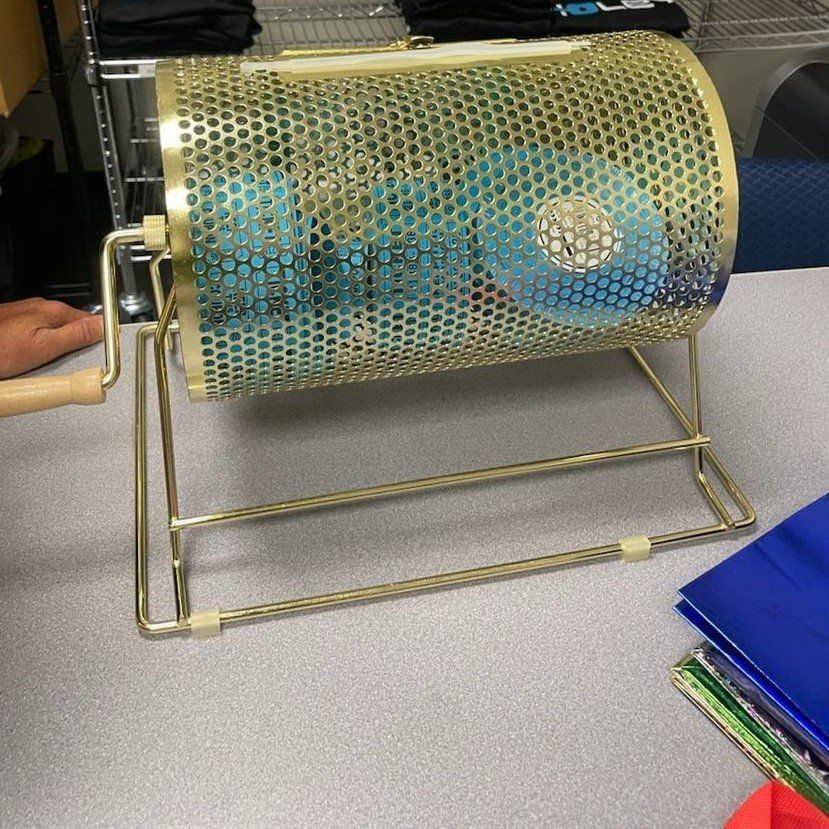 Gold Raffle Drum Manual Handle Ticket Tumbler with rolls of unused tickets