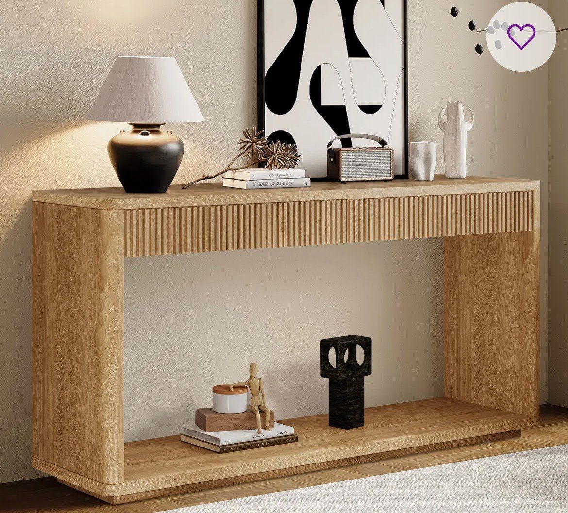 Modern Fluted Wood Console Table - Entryway Accent Table with Lower Shelf, Light Oak Finish