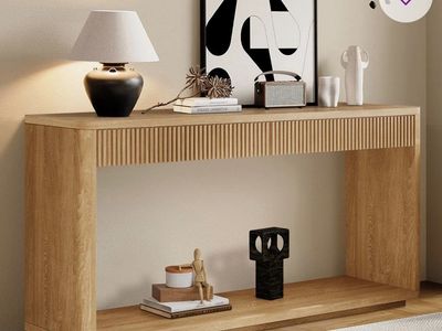 Modern Fluted Wood Console Table - Entryway Accent Table with Lower Shelf, Light Oak Finish