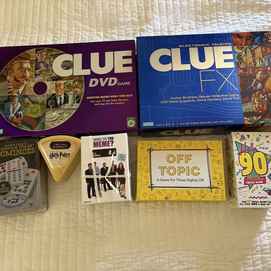Board Game Bundle: Clue FX, Clue DVD, Trivial Pursuit Harry Potter, Mexican Train Dominoes + More