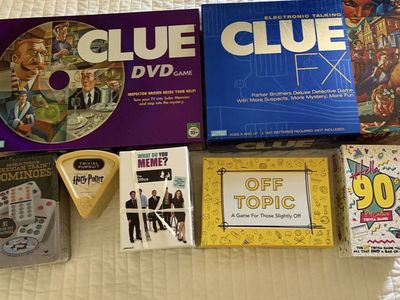 Board Game Bundle: Clue FX, Clue DVD, Trivial Pursuit Harry Potter, Mexican Train Dominoes + More