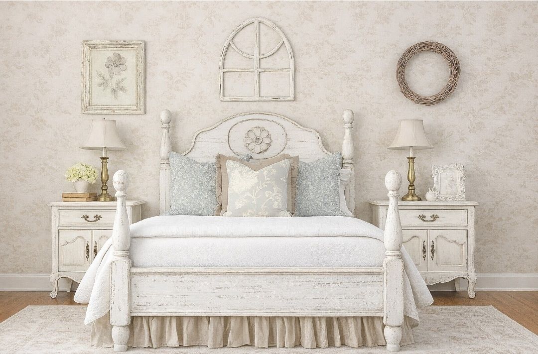 The Flower Bed Full / Double Size Cream White 4 Poster Shabby Chic Cottagecore Farmhouse French