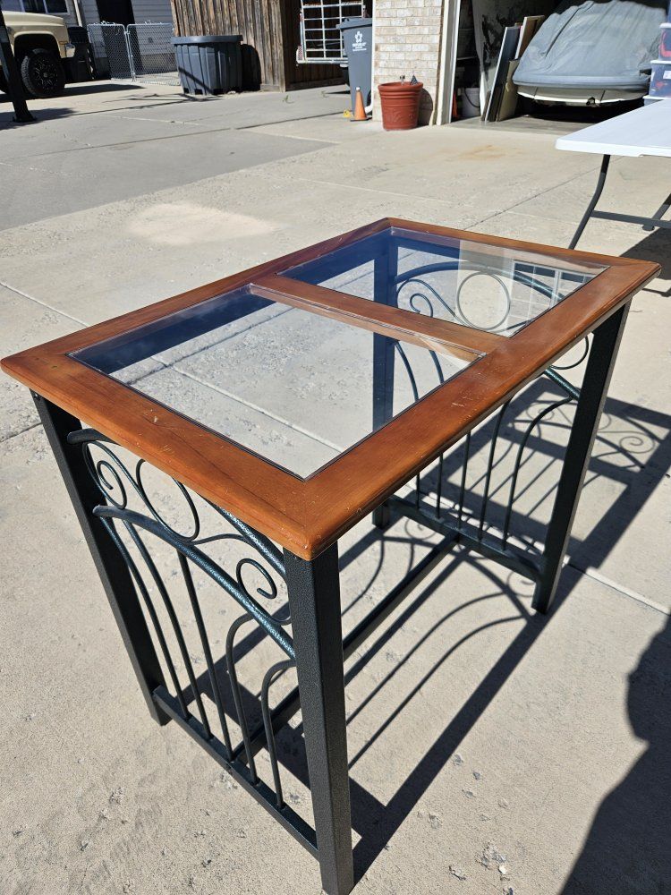 Moving my loss your gain!
Decorative Wood and Metal End Table with Glass Top - Elegant Scrollwork Design