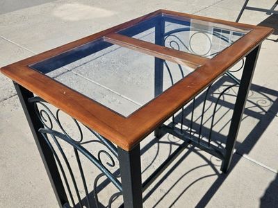 Moving my loss your gain!
Decorative Wood and Metal End Table with Glass Top - Elegant Scrollwork Design