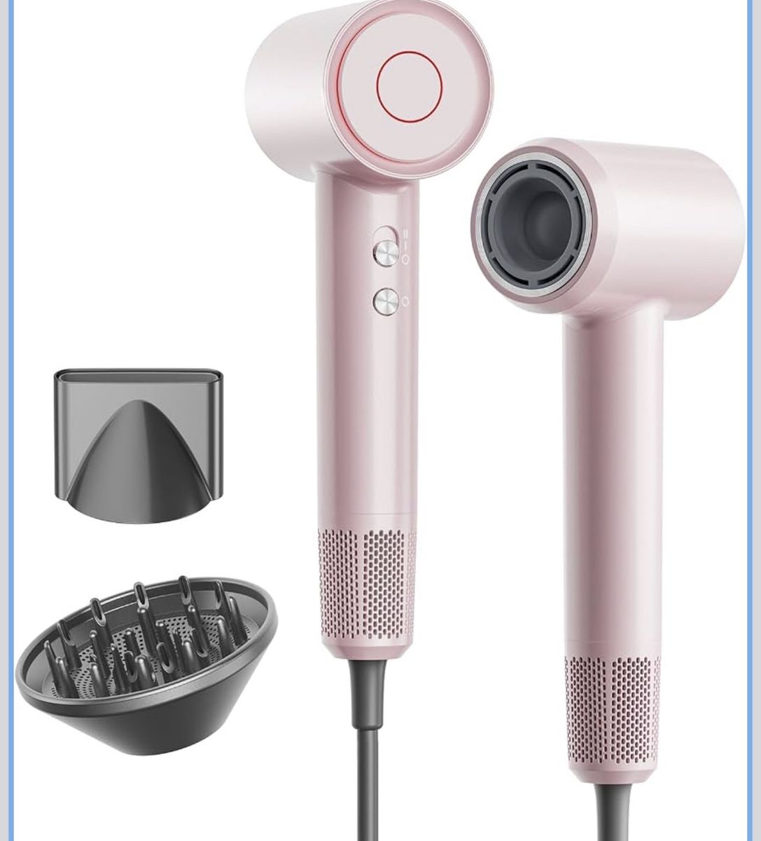 High-Speed Hair Dryer with Diffuser & Nozzle Attachments - Fast Drying, Matte Pink Finish