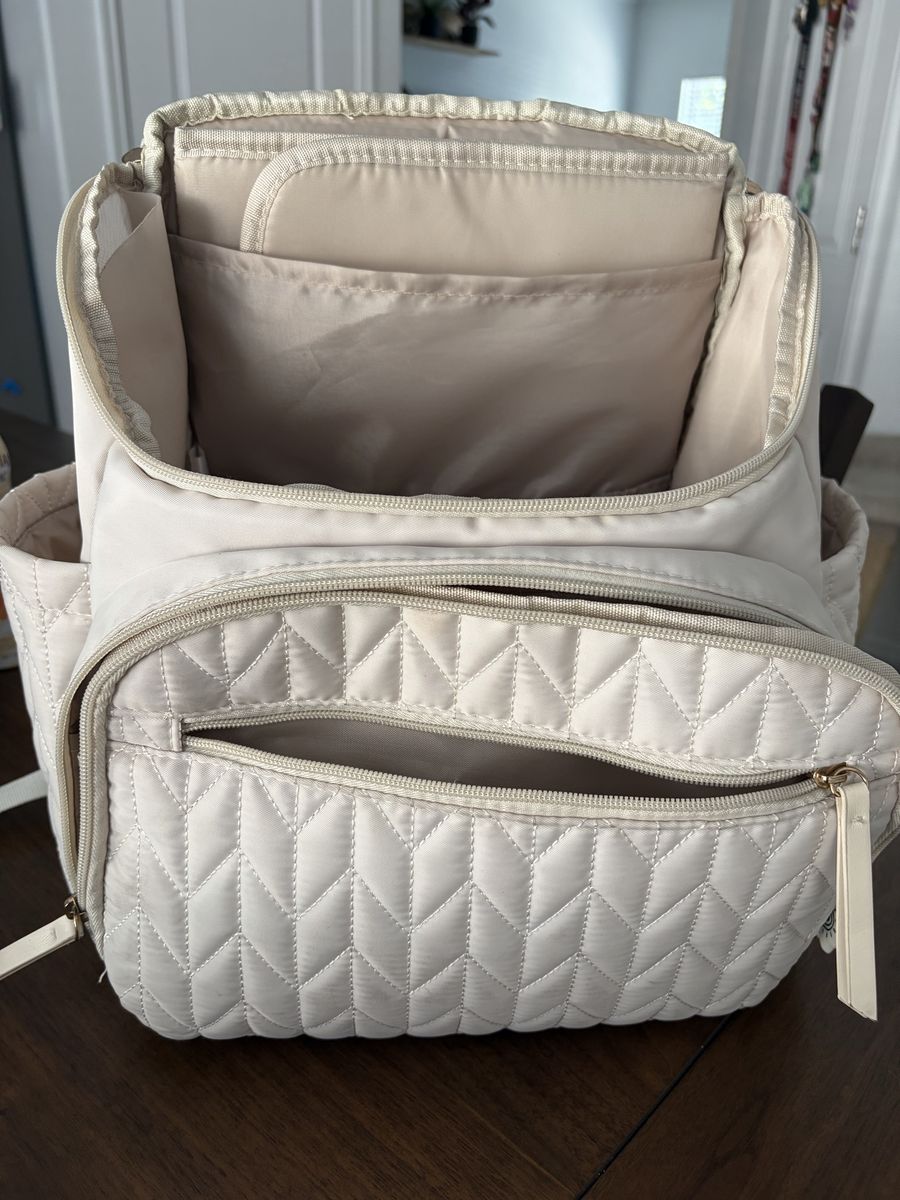 Quilted Cream Diaper Bag Backpack with Multiple Pockets and Compartments & Changing Pad 