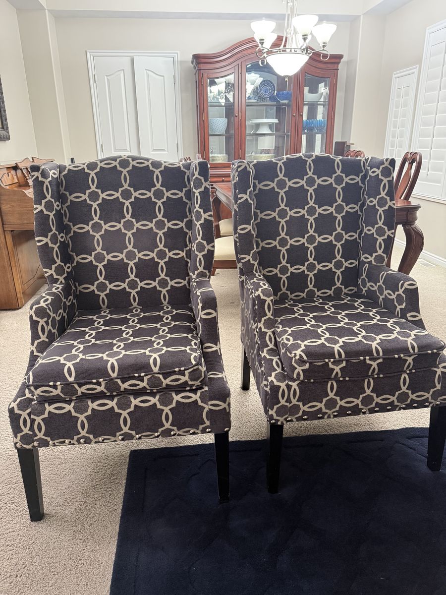 Pair of Traditional Wingback Accent Chairs - Geometric Pattern - Excellent Condition