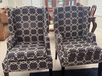 Pair of Traditional Wingback Accent Chairs - Geometric Pattern - Excellent Condition