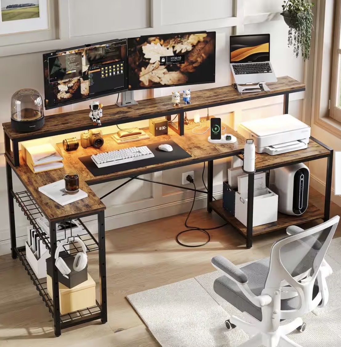 71.5 in. L-Shaped Rustic Brown LED Desk with Monitor Stand, Storage Shelves and Power Outlets