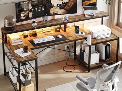 71.5 in. L-Shaped Rustic Brown LED Desk with Monitor Stand, Storage Shelves and Power Outlets