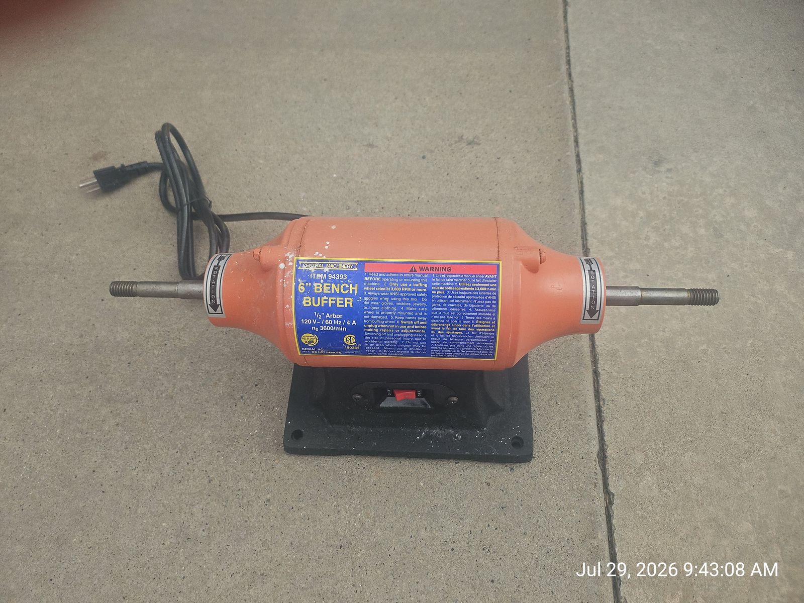 Central Machinery 94393 6" Bench Buffer 1/2" Arbor 3600 RPM