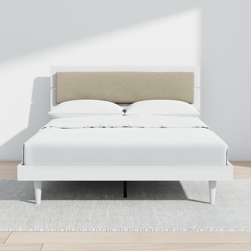 NEW Benoni Queen Wooden Bed with Taupe Cushion White